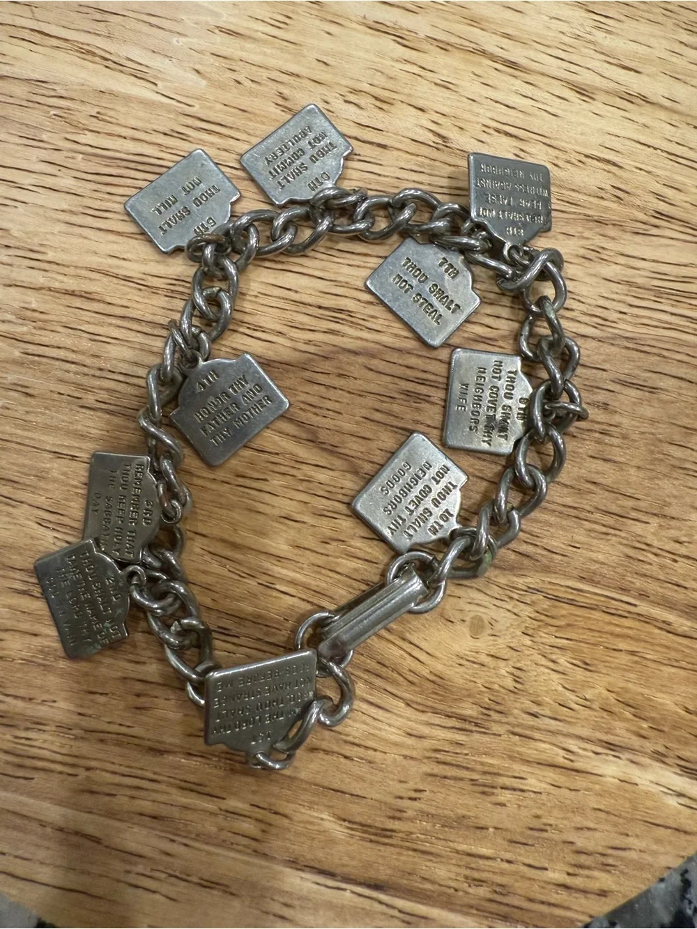 Vintage Mid-Century Silver Tone Ten Commandments Charm Bracelet